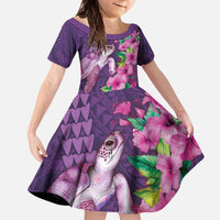 Hawaiian Turtle Love Couple Family Matching Off The Shoulder Long Sleeve Dress and Hawaiian Shirt - Sweet Hibiscus and Kakau Pattern Deep Purple Color LT03 Daughter's Dress Purple - Polynesian Pride