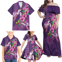Hawaiian Turtle Love Couple Family Matching Off Shoulder Maxi Dress and Hawaiian Shirt - Sweet Hibiscus and Kakau Pattern Deep Purple Color LT03 - Polynesian Pride