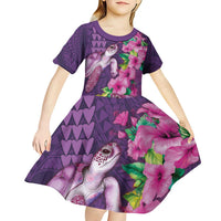 Hawaiian Turtle Love Couple Kid Short Sleeve Dress - Sweet Hibiscus and Kakau Pattern Deep Purple Color LT03 - Polynesian Pride