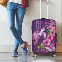 Hawaiian Turtle Love Couple Luggage Cover - Sweet Hibiscus and Kakau Pattern Deep Purple Color LT03 - Polynesian Pride