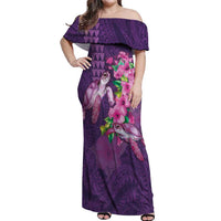 Hawaiian Turtle Love Couple Off Shoulder Maxi Dress - Sweet Hibiscus and Kakau Pattern Deep Purple Color LT03 Women Purple - Polynesian Pride