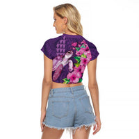 Hawaiian Turtle Love Couple Raglan Cropped T Shirt - Sweet Hibiscus and Kakau Pattern Deep Purple Color LT03 - Polynesian Pride