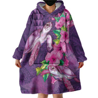 Hawaiian Turtle Love Couple Wearable Blanket Hoodie - Sweet Hibiscus and Kakau Pattern Deep Purple Color LT03 - Polynesian Pride