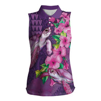 Hawaiian Turtle Love Couple Women Sleeveless Polo Shirt - Sweet Hibiscus and Kakau Pattern Deep Purple Color LT03 Female Purple - Polynesian Pride