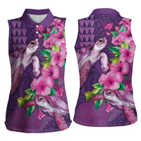 Hawaiian Turtle Love Couple Women Sleeveless Polo Shirt - Sweet Hibiscus and Kakau Pattern Deep Purple Color LT03 - Polynesian Pride