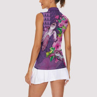 Hawaiian Turtle Love Couple Women Sleeveless Polo Shirt - Sweet Hibiscus and Kakau Pattern Deep Purple Color LT03 - Polynesian Pride