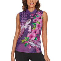 Hawaiian Turtle Love Couple Women Sleeveless Polo Shirt - Sweet Hibiscus and Kakau Pattern Deep Purple Color LT03 - Polynesian Pride