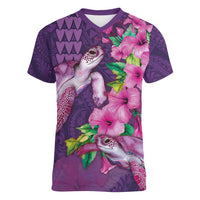Hawaiian Turtle Love Couple Women V-Neck T-Shirt - Sweet Hibiscus and Kakau Pattern Deep Purple Color LT03 Female Purple - Polynesian Pride