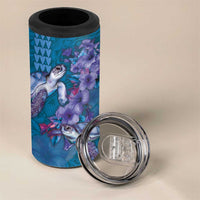Hawaiian Turtle Love Couple 4 in 1 Can Cooler Tumbler Sweet Hibiscus and Kakau Pattern Sapphire Color LT03 - Polynesian Pride