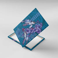 Hawaiian Turtle Love Couple Canvas Wall Art - Sweet Hibiscus and Kakau Pattern Sapphire Color