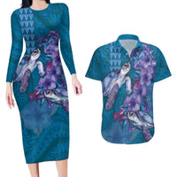 Hawaiian Turtle Love Couple Couples Matching Long Sleeve Bodycon Dress and Hawaiian Shirt - Sweet Hibiscus and Kakau Pattern Sapphire Color LT03 Blue - Polynesian Pride