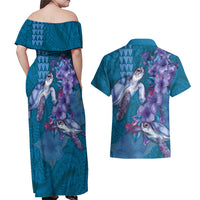 Hawaiian Turtle Love Couple Couples Matching Off Shoulder Maxi Dress and Hawaiian Shirt - Sweet Hibiscus and Kakau Pattern Sapphire Color LT03 - Polynesian Pride