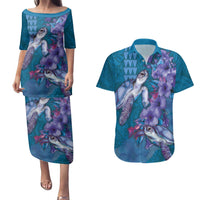 Hawaiian Turtle Love Couple Couples Matching Puletasi and Hawaiian Shirt - Sweet Hibiscus and Kakau Pattern Sapphire Color LT03 Blue - Polynesian Pride