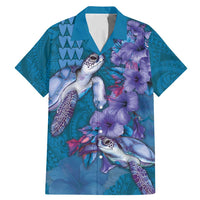 Hawaiian Turtle Love Couple Family Matching Mermaid Dress and Hawaiian Shirt - Sweet Hibiscus and Kakau Pattern Sapphire Color LT03 Dad's Shirt - Short Sleeve Blue - Polynesian Pride