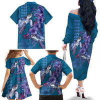 Hawaiian Turtle Love Couple Family Matching Off The Shoulder Long Sleeve Dress and Hawaiian Shirt - Sweet Hibiscus and Kakau Pattern Sapphire Color LT03 - Polynesian Pride