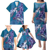 Hawaiian Turtle Love Couple Family Matching Puletasi and Hawaiian Shirt - Sweet Hibiscus and Kakau Pattern Sapphire Color LT03 - Polynesian Pride