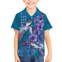 Hawaiian Turtle Love Couple Hawaiian Shirt - Sweet Hibiscus and Kakau Pattern Sapphire Color LT03 - Polynesian Pride