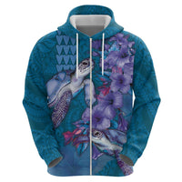 Hawaiian Turtle Love Couple Hoodie - Sweet Hibiscus and Kakau Pattern Sapphire Color LT03 - Polynesian Pride