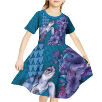 Hawaiian Turtle Love Couple Kid Short Sleeve Dress - Sweet Hibiscus and Kakau Pattern Sapphire Color LT03 - Polynesian Pride