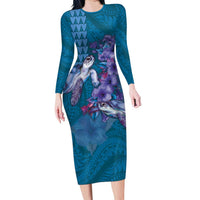 Hawaiian Turtle Love Couple Long Sleeve Bodycon Dress - Sweet Hibiscus and Kakau Pattern Sapphire Color LT03 Long Dress Blue - Polynesian Pride