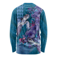 Hawaiian Turtle Love Couple Long Sleeve Shirt - Sweet Hibiscus and Kakau Pattern Sapphire Color LT03 - Polynesian Pride