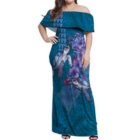 Hawaiian Turtle Love Couple Off Shoulder Maxi Dress - Sweet Hibiscus and Kakau Pattern Sapphire Color LT03 Women Blue - Polynesian Pride