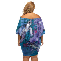 Hawaiian Turtle Love Couple Off Shoulder Short Dress - Sweet Hibiscus and Kakau Pattern Sapphire Color LT03 - Polynesian Pride