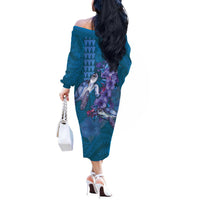 Hawaiian Turtle Love Couple Off The Shoulder Long Sleeve Dress - Sweet Hibiscus and Kakau Pattern Sapphire Color LT03 - Polynesian Pride