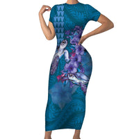 Hawaiian Turtle Love Couple Short Sleeve Bodycon Dress - Sweet Hibiscus and Kakau Pattern Sapphire Color LT03 Long Dress Blue - Polynesian Pride
