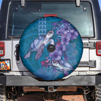 Hawaiian Turtle Love Couple Spare Tire Cover - Sweet Hibiscus and Kakau Pattern Sapphire Color LT03 Blue - Polynesian Pride