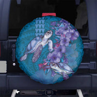 Hawaiian Turtle Love Couple Spare Tire Cover - Sweet Hibiscus and Kakau Pattern Sapphire Color LT03 - Polynesian Pride