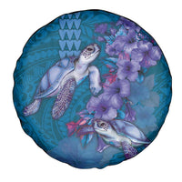 Hawaiian Turtle Love Couple Spare Tire Cover - Sweet Hibiscus and Kakau Pattern Sapphire Color LT03 - Polynesian Pride