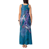 Hawaiian Turtle Love Couple Tank Maxi Dress - Sweet Hibiscus and Kakau Pattern Sapphire Color LT03 - Polynesian Pride