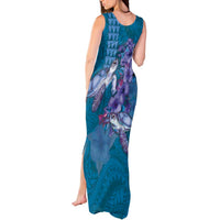 Hawaiian Turtle Love Couple Tank Maxi Dress - Sweet Hibiscus and Kakau Pattern Sapphire Color LT03 - Polynesian Pride