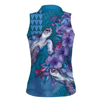 Hawaiian Turtle Love Couple Women Sleeveless Polo Shirt - Sweet Hibiscus and Kakau Pattern Sapphire Color LT03 - Polynesian Pride
