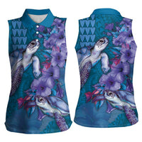 Hawaiian Turtle Love Couple Women Sleeveless Polo Shirt - Sweet Hibiscus and Kakau Pattern Sapphire Color LT03 - Polynesian Pride