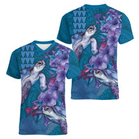 Hawaiian Turtle Love Couple Women V-Neck T-Shirt - Sweet Hibiscus and Kakau Pattern Sapphire Color LT03 - Polynesian Pride