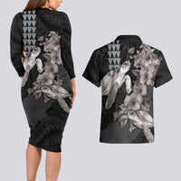 Hawaiian Turtle Love Couple Couples Matching Long Sleeve Bodycon Dress and Hawaiian Shirt - Sweet Hibiscus and Kakau Pattern Grayscale Color LT03 - Polynesian Pride