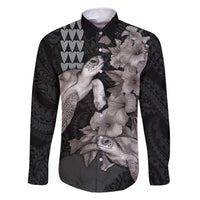Hawaiian Turtle Love Couple Family Matching Long Sleeve Bodycon Dress and Hawaiian Shirt - Sweet Hibiscus and Kakau Pattern Grayscale Color