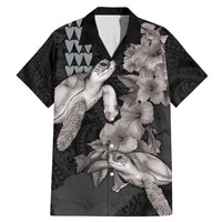 Hawaiian Turtle Love Couple Family Matching Mermaid Dress and Hawaiian Shirt - Sweet Hibiscus and Kakau Pattern Grayscale Color LT03 Dad's Shirt - Short Sleeve Black - Polynesian Pride