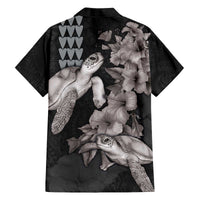 Hawaiian Turtle Love Couple Family Matching Off The Shoulder Long Sleeve Dress and Hawaiian Shirt - Sweet Hibiscus and Kakau Pattern Grayscale Color LT03 - Polynesian Pride