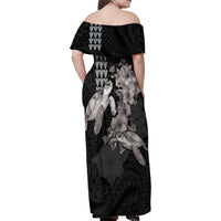 Hawaiian Turtle Love Couple Family Matching Off Shoulder Maxi Dress and Hawaiian Shirt - Sweet Hibiscus and Kakau Pattern Grayscale Color LT03 - Polynesian Pride