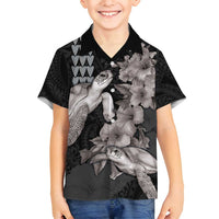 Hawaiian Turtle Love Couple Family Matching Off Shoulder Maxi Dress and Hawaiian Shirt - Sweet Hibiscus and Kakau Pattern Grayscale Color LT03 Son's Shirt Black - Polynesian Pride