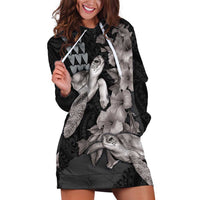 Hawaiian Turtle Love Couple Hoodie Dress - Sweet Hibiscus and Kakau Pattern Grayscale Color LT03 Black - Polynesian Pride