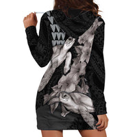 Hawaiian Turtle Love Couple Hoodie Dress - Sweet Hibiscus and Kakau Pattern Grayscale Color LT03 - Polynesian Pride
