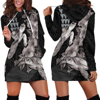 Hawaiian Turtle Love Couple Hoodie Dress - Sweet Hibiscus and Kakau Pattern Grayscale Color LT03 - Polynesian Pride