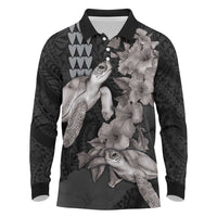 Hawaiian Turtle Love Couple Long Sleeve Polo Shirt - Sweet Hibiscus and Kakau Pattern Grayscale Color LT03 Black - Polynesian Pride