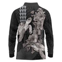 Hawaiian Turtle Love Couple Long Sleeve Polo Shirt - Sweet Hibiscus and Kakau Pattern Grayscale Color LT03 - Polynesian Pride