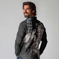 Hawaiian Turtle Love Couple Long Sleeve Polo Shirt - Sweet Hibiscus and Kakau Pattern Grayscale Color LT03 - Polynesian Pride