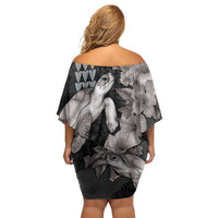 Hawaiian Turtle Love Couple Off Shoulder Short Dress - Sweet Hibiscus and Kakau Pattern Grayscale Color LT03 - Polynesian Pride